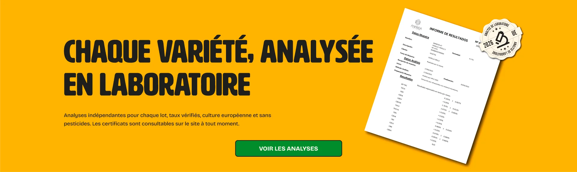 Chaque lot, analysé en laboratoire. Voir les analyses