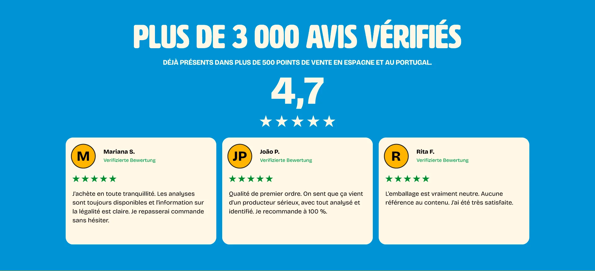 Plus de 3 000 avis vérifiés · 4,7 sur 5. Déjà présents dans plus de 500 points de vente en Espagne et au Portugal.