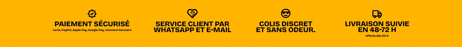 Paiement sécurisé · Service client par WhatsApp et e-mail · Emballage neutre · Livraison suivie en 48-72 h